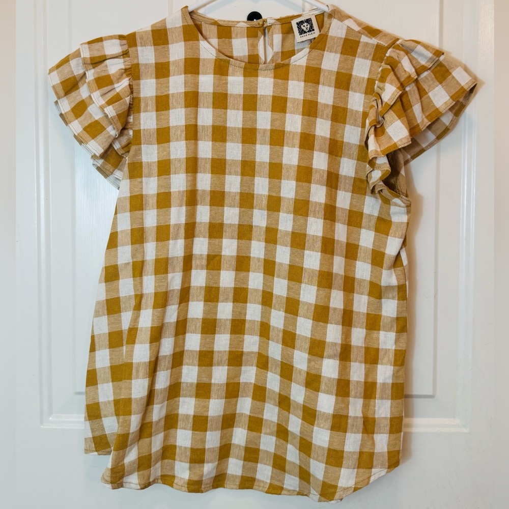 Anne Klein Mustard and White Checkered Ruffle Top